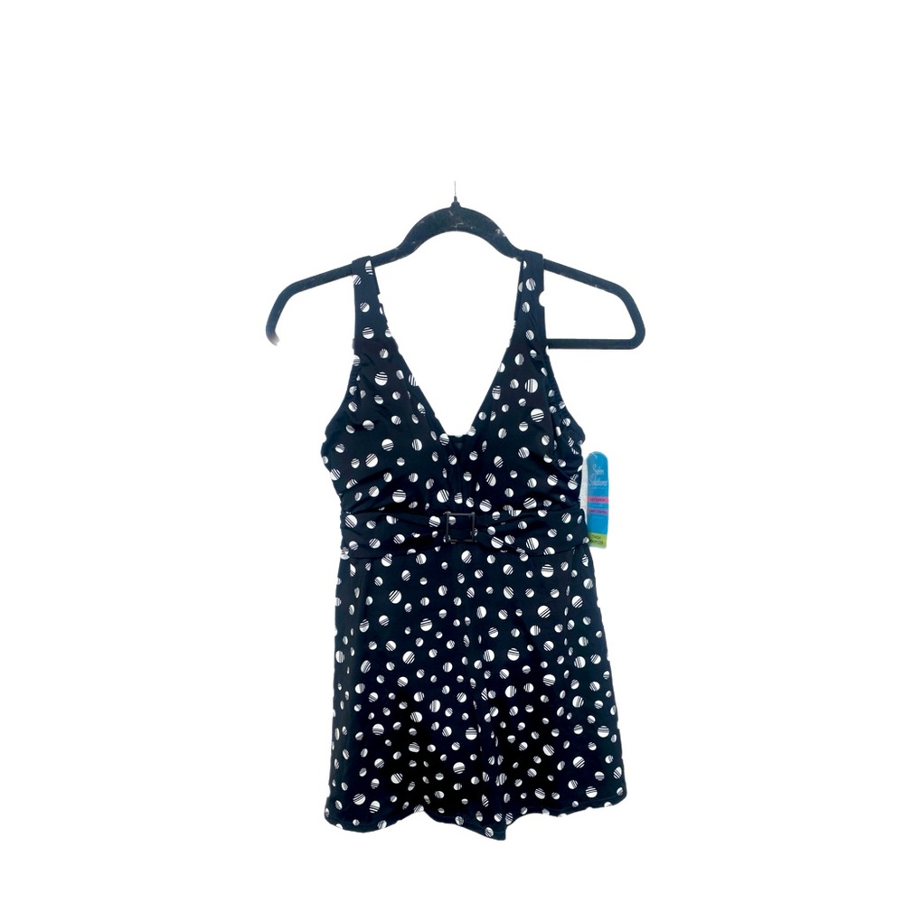 Swim Solutions Womens Black with pokadots Tankini Top Size 10 NWT